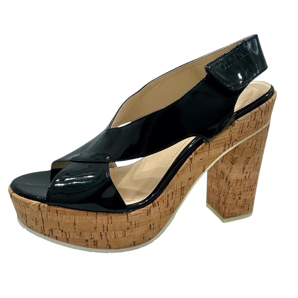 CALVIN KLEIN TAMRA BLACK PATENT & CORK PLATFORM HEELED SANDALS